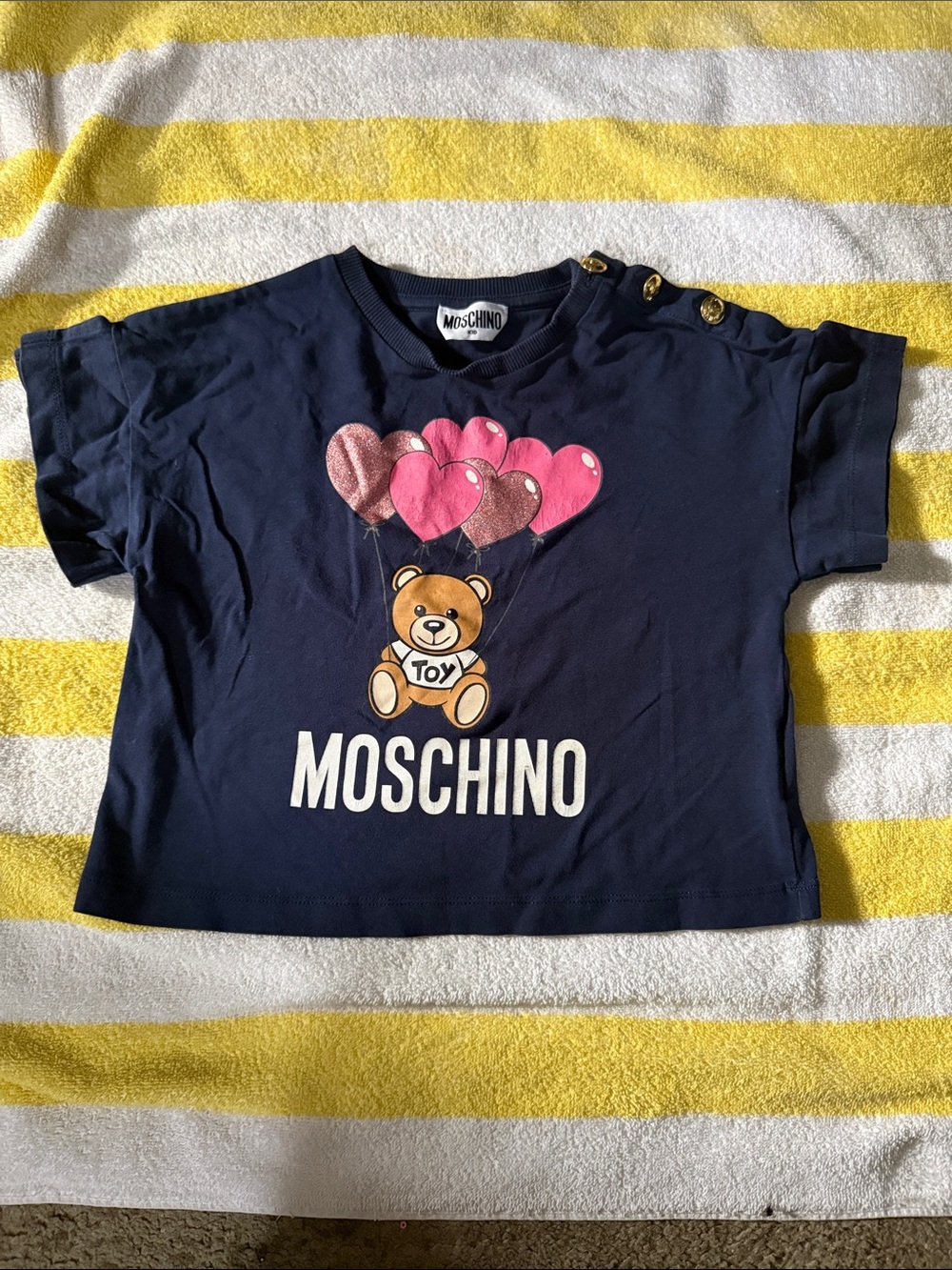 Moschino Navy Short Sleeve Teddy Balloon Tee with Pink Hearts